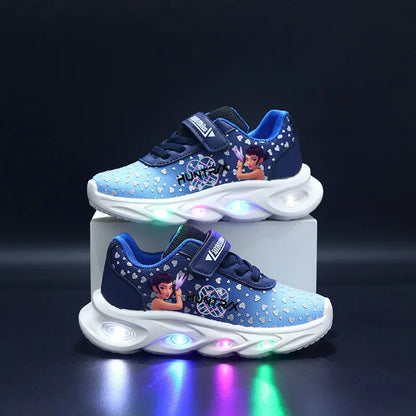 Children's blue sneakers with LED lights on a dark background