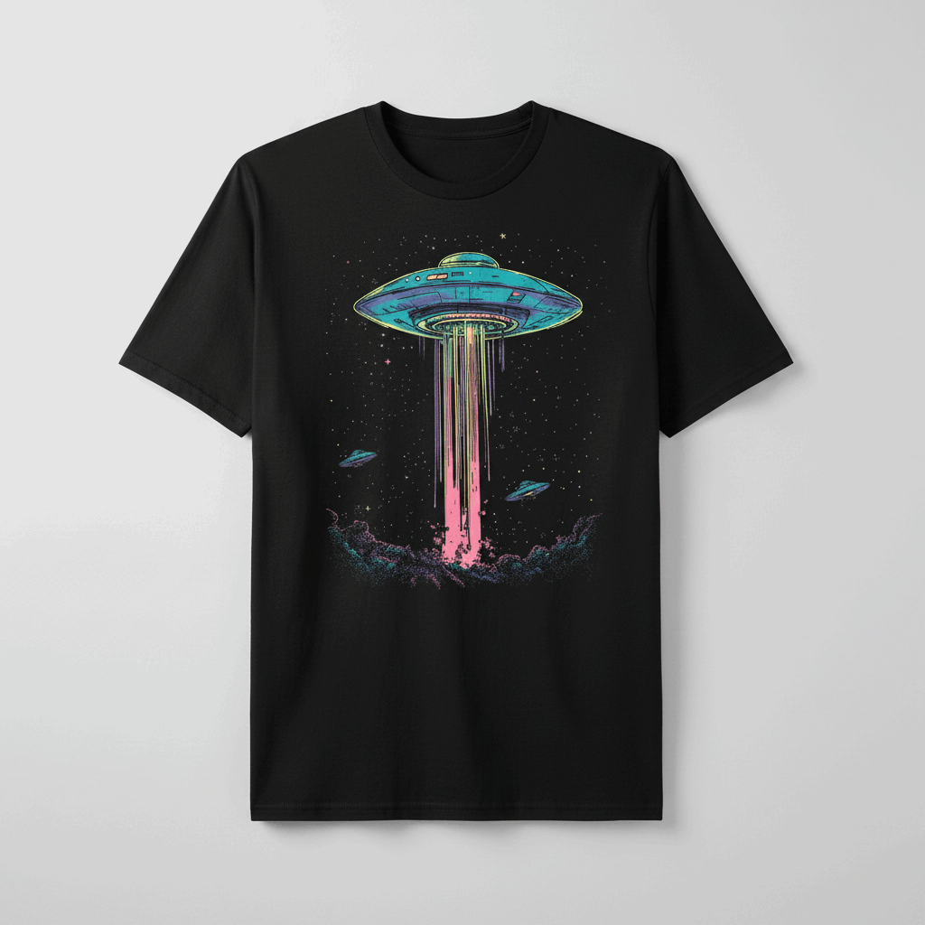 Black t-shirt with a colorful UFO design on a gray background