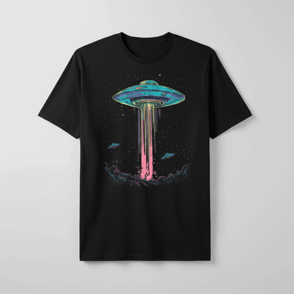 Black t-shirt with a colorful UFO design on a gray background
