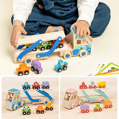 Child playing with a wooden toy car carrier set on a light-colored floor.