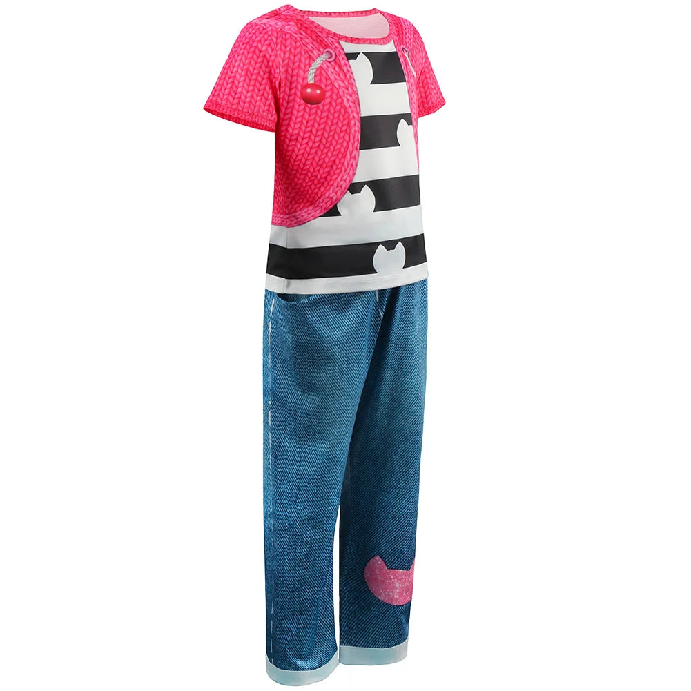 Children's outfit with pink top, black and white striped shirt, and blue jeans on a white background