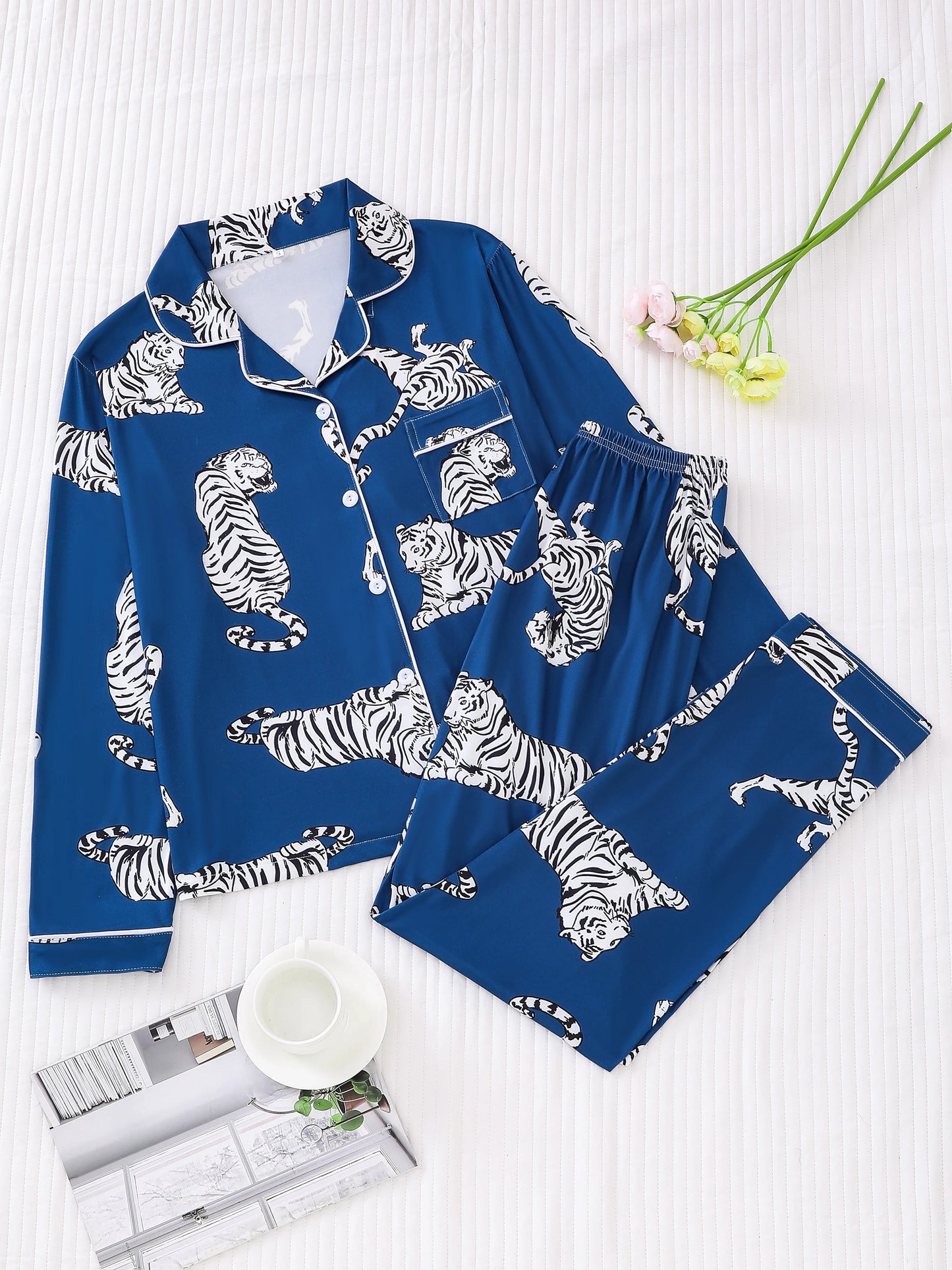 Royal blue tiger print sleepwear pyjama set