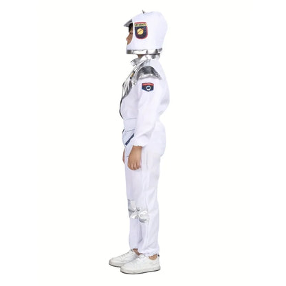 Person wearing a white astronaut suit with helmet on a white background