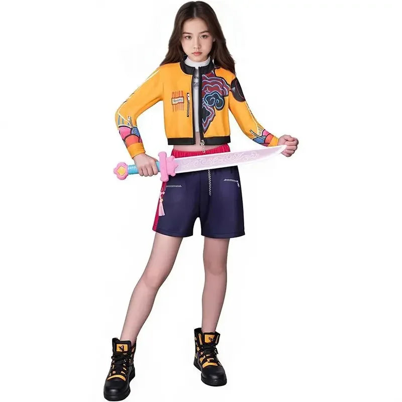 A young girl modeling a yellow and black cropped bomber jacket with colorful graphic details, navy blue shorts with pink side accents, and black high-top boots, holding a pink toy sword against a plain white background.