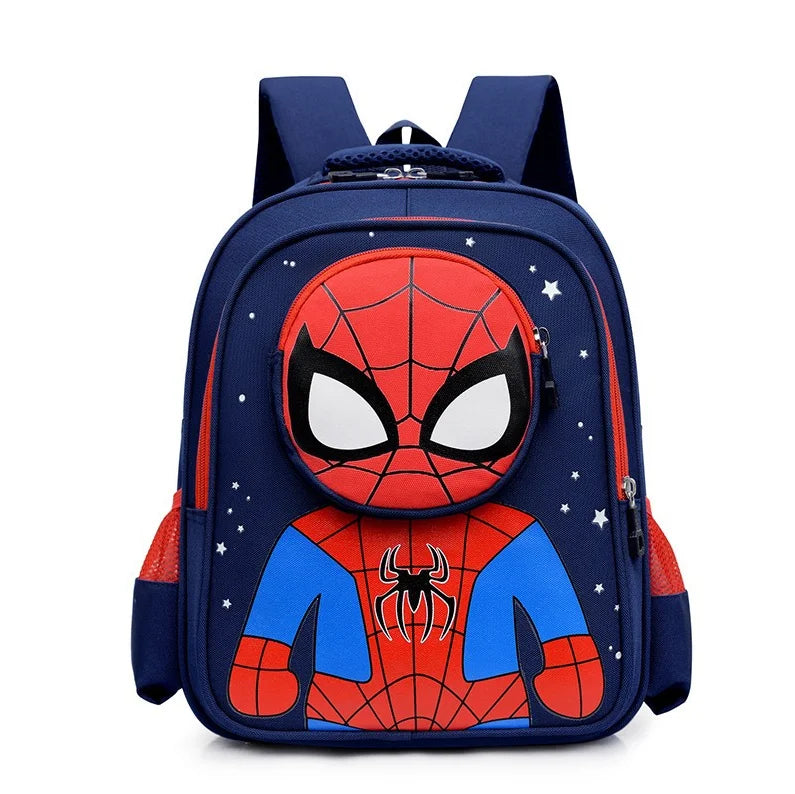 A navy blue children's backpack featuring a large 3D Spider-Man character design on the front, with white stars printed on the side, shown against a plain white background.
