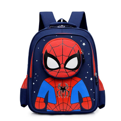 A navy blue children's backpack featuring a large 3D Spider-Man character design on the front, with white stars printed on the side, shown against a plain white background.