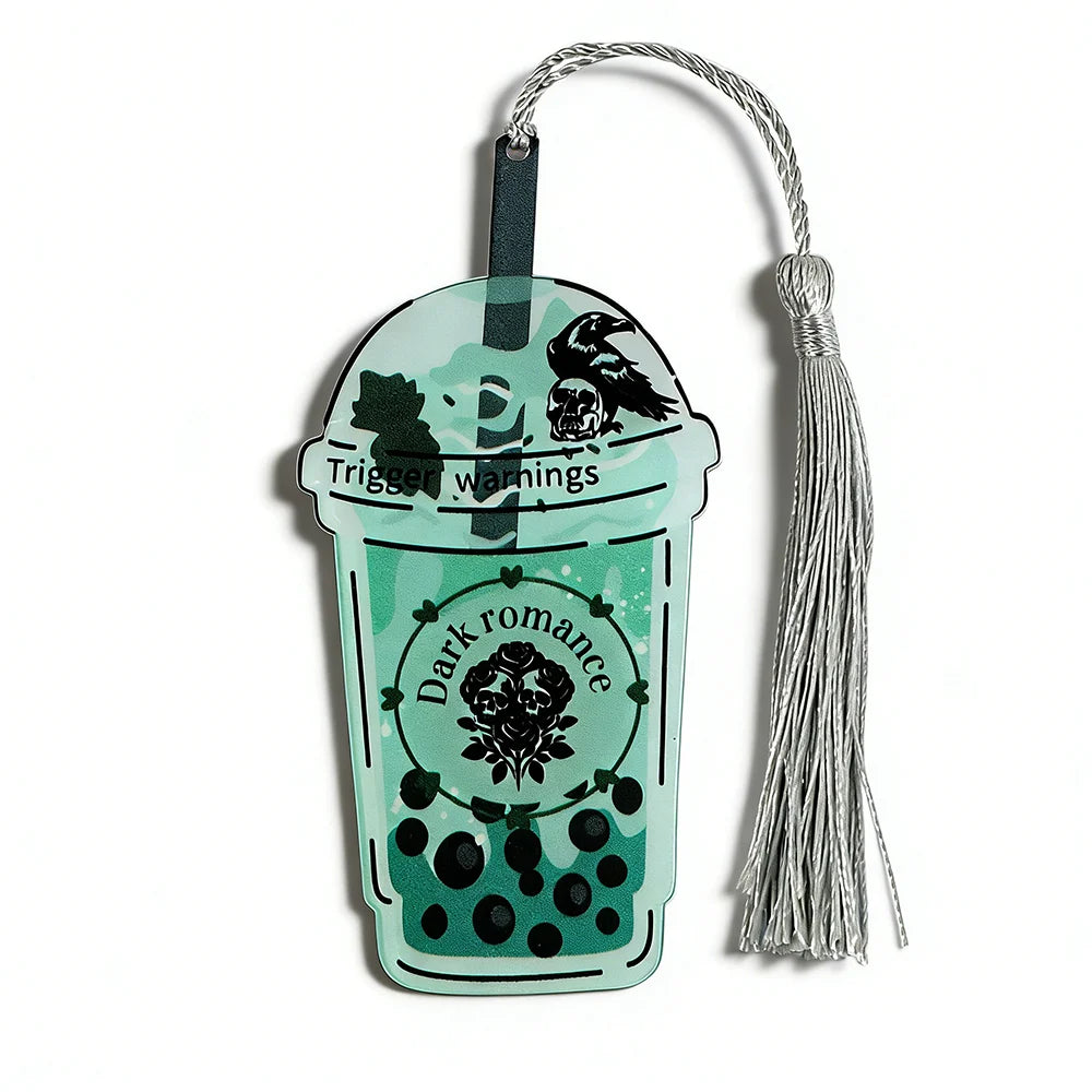 Decorative tag with tassel shaped like a drink container with text and graphics on a white background