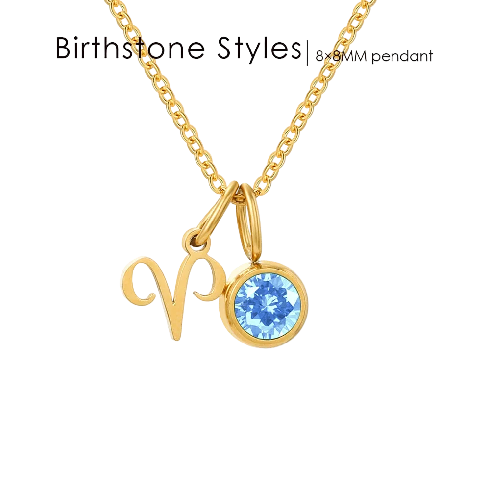 Gold pendant necklace featuring a gold Aries zodiac symbol and a round light blue gemstone pendant on a gold chain, shown against a white background with 'Birthstone Styles | 8mm pendant' text overlay.
