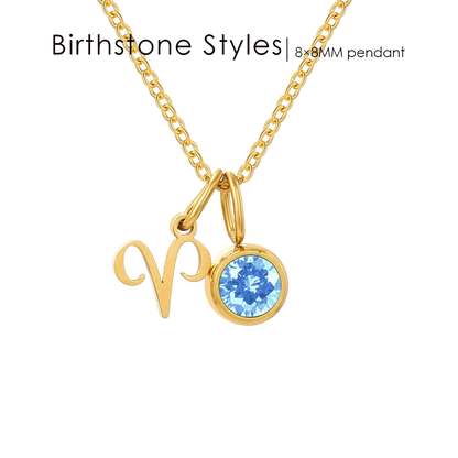 Gold pendant necklace featuring a gold Aries zodiac symbol and a round light blue gemstone pendant on a gold chain, shown against a white background with 'Birthstone Styles | 8mm pendant' text overlay.