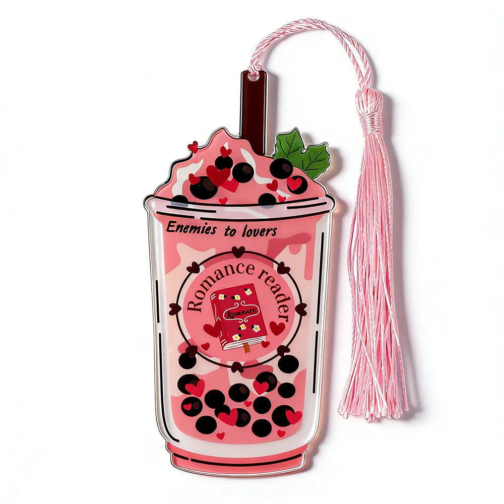 Bookmark shaped like a pink bubble tea with decorative elements on a white background