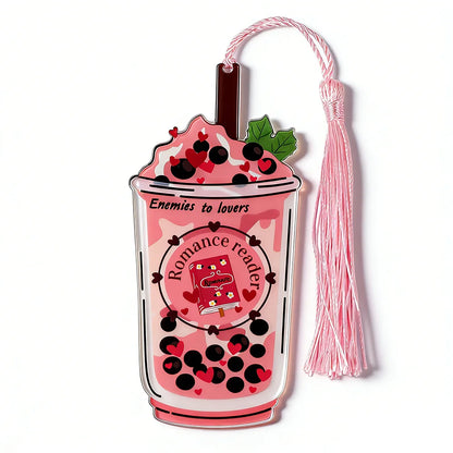 Bookmark shaped like a pink bubble tea with decorative elements on a white background