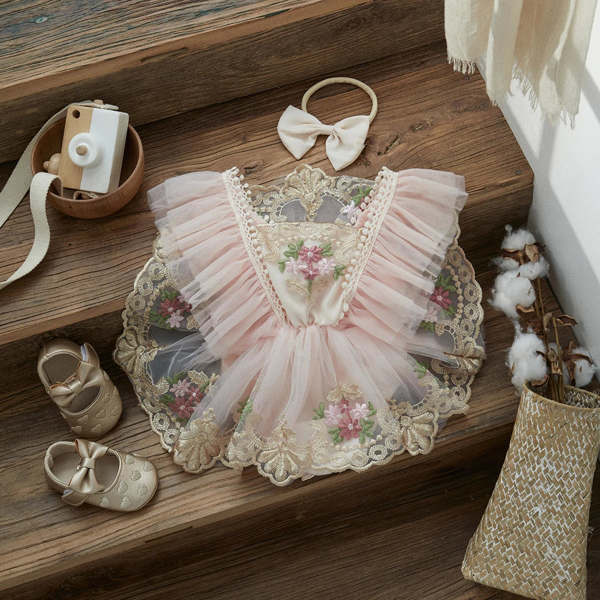 flatlay New Baby Girl Dusty Pink Floral Romper