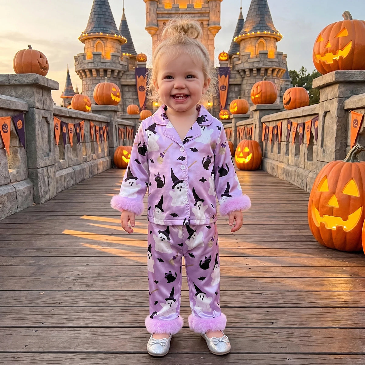 A toddler stands on a wooden walkway in front of a castle, wearing a lavender Halloween pajama set with black bats, white ghosts, and pink faux-fur trim. Jack-o'-lanterns decorate the walkway and castle.
