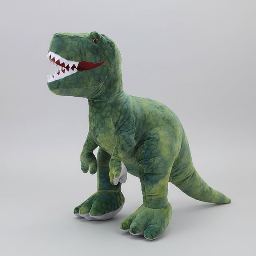 Green dinosaur plush toy on a wooden table with a blurred indoor background