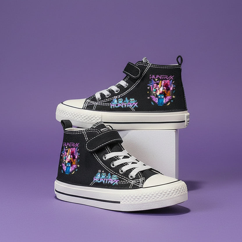 Black high-top sneakers with colorful designs on a gray background