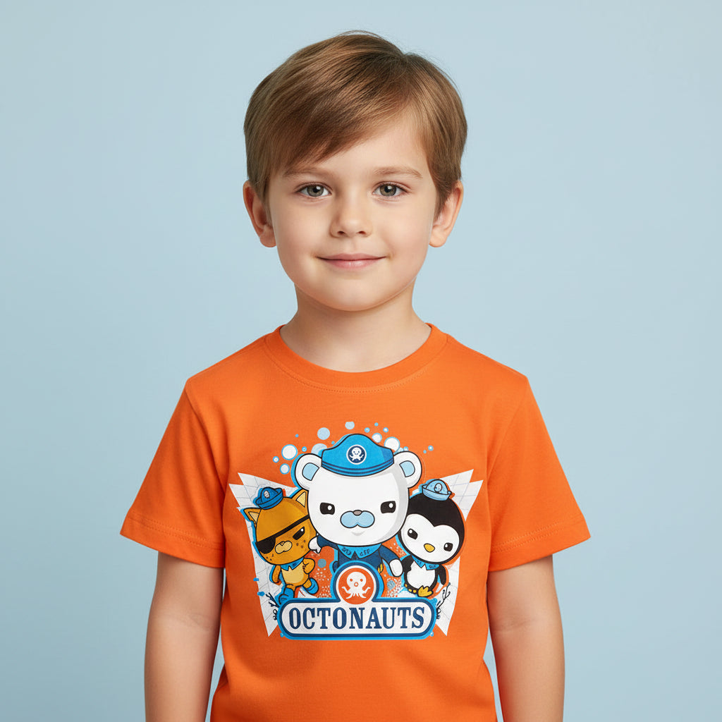 little boy wearing orange octonauts tshirt