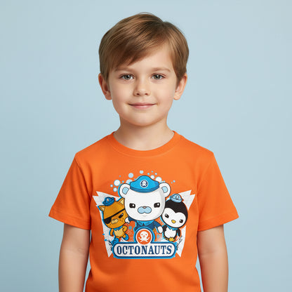 little boy wearing orange octonauts tshirt
