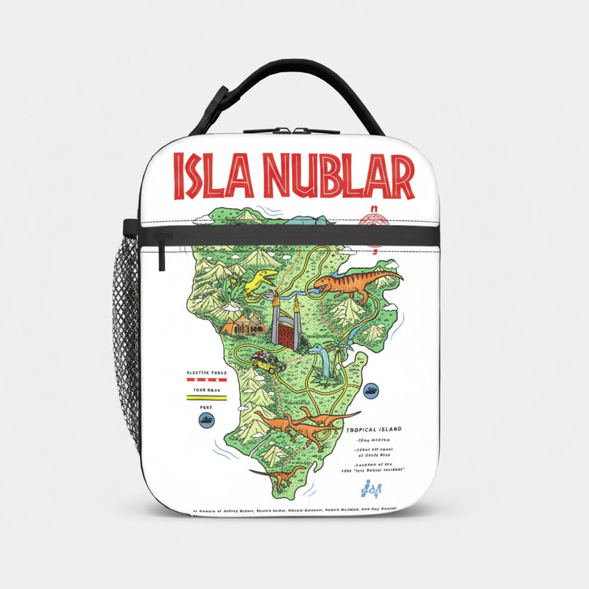 Bag with 'Isla Nublar' design featuring a map and dinosaurs on a white background