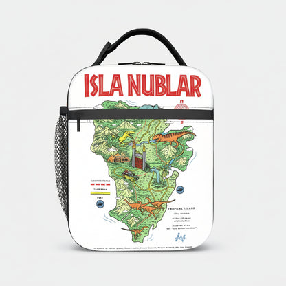 Bag with 'Isla Nublar' design featuring a map and dinosaurs on a white background