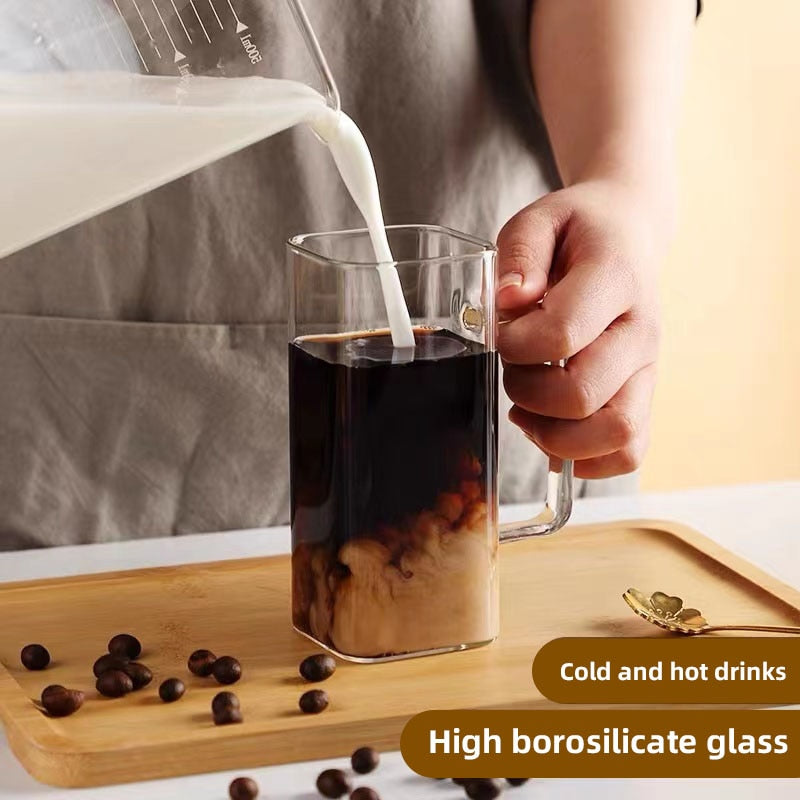 Square High Borosilicate Transparent Glass Mug With Lid and Straw - 400ml