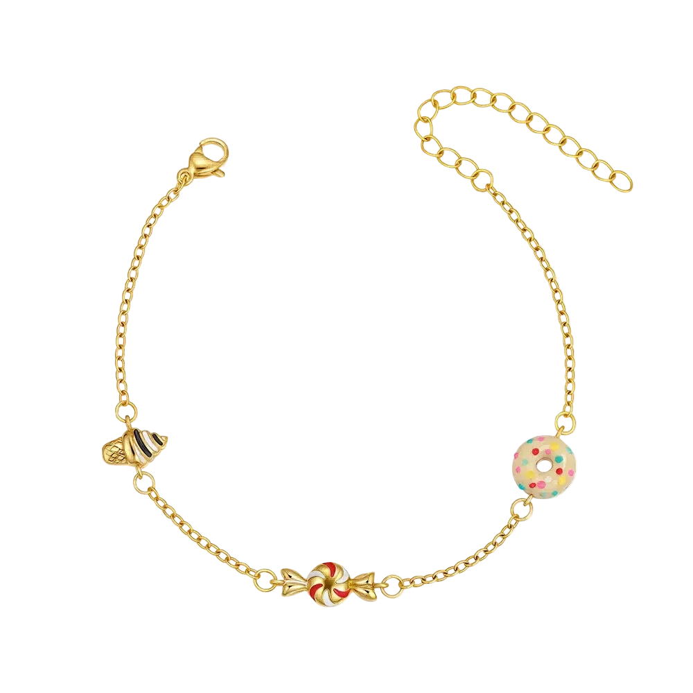 Gold bracelet with colorful beads on a white background