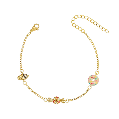 Gold bracelet with colorful beads on a white background