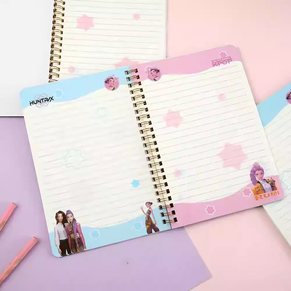 Notebook with colorful design and character illustrations on a pastel background