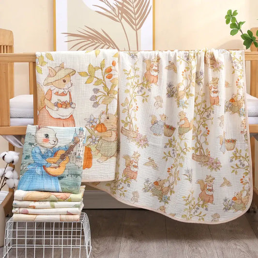 Children's towel with cartoon characters draped over a crib in a nursery setting.
