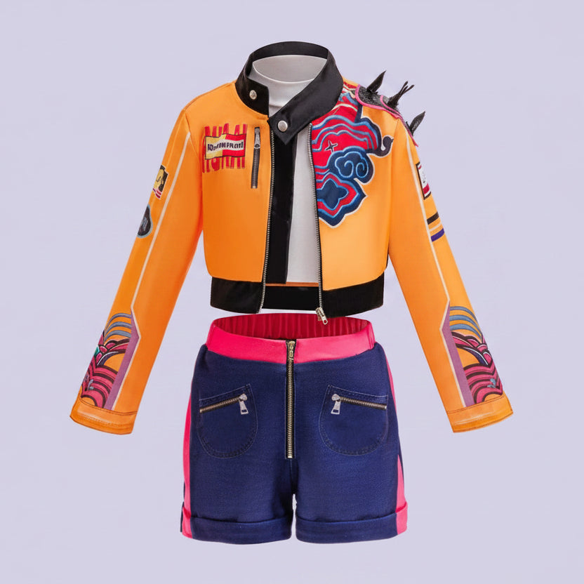 Colorful jacket and shorts set with decorative elements on a white background