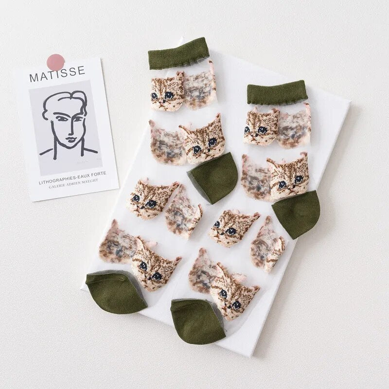 forest green cat face socks