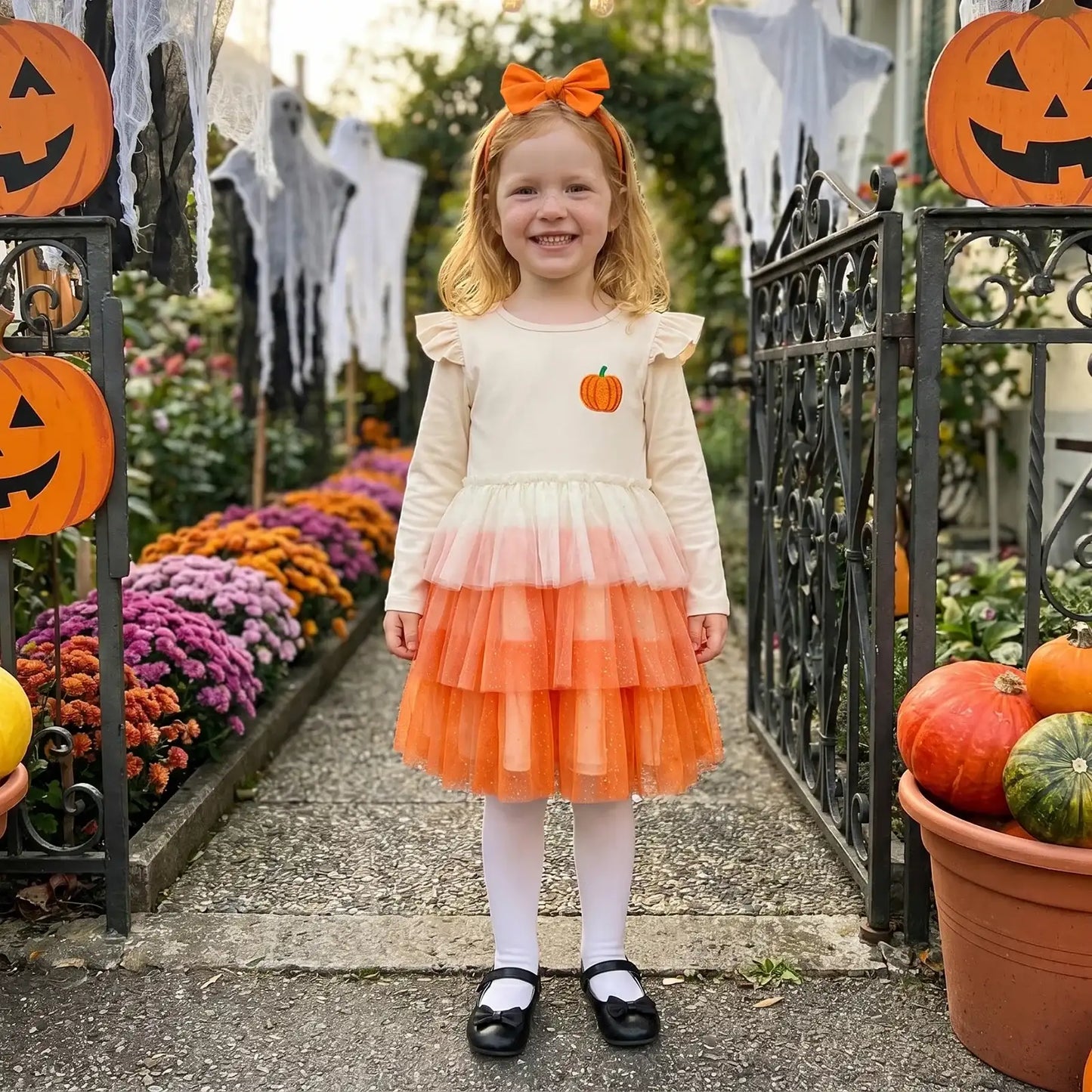 A young girl stands in a Halloween-themed garden wearing a cream long-sleeve top with an orange pumpkin graphic, a tiered tulle skirt in cream, orange, and peach, white tights, and black shoes. She has a matching orange bow headband.