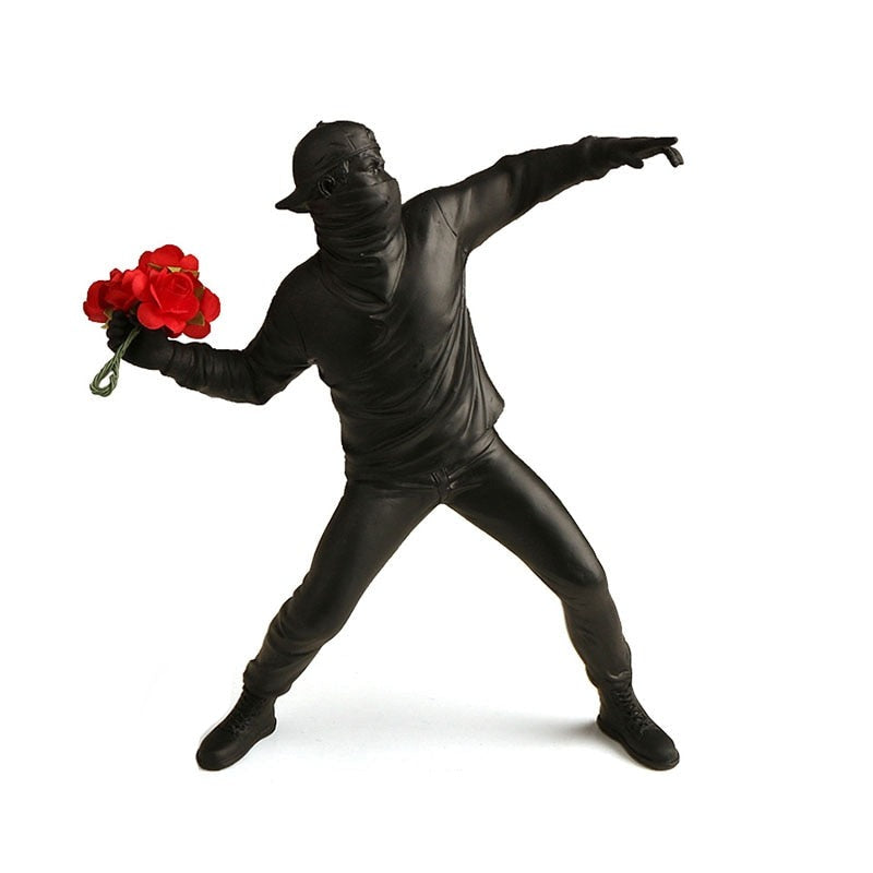 black Banksy flower thrower statue