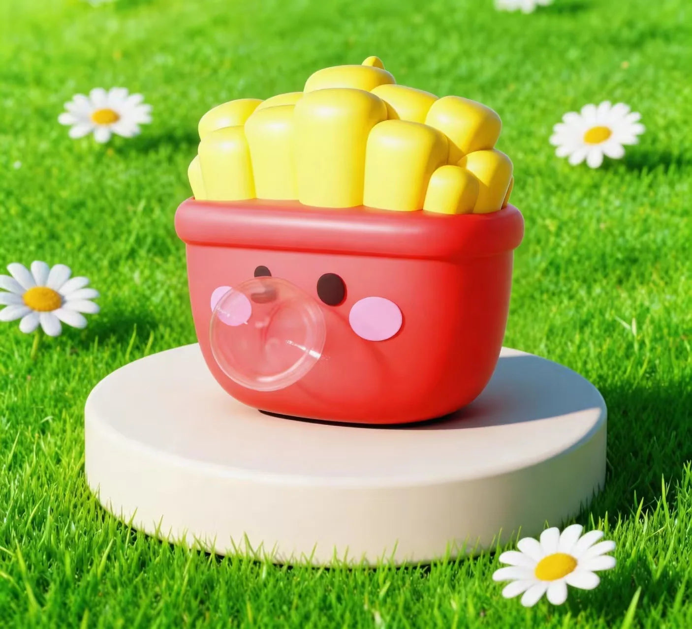 Red container with yellow contents on a grassy background with daisies