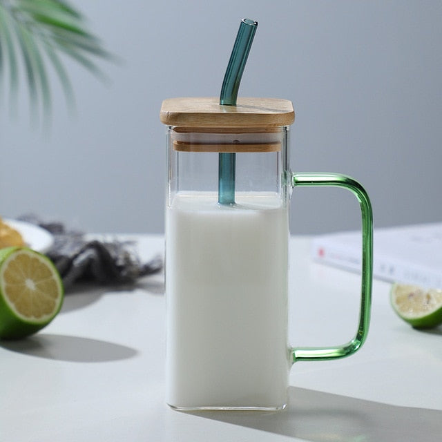 Square High Borosilicate Transparent Glass Mug With Lid and Straw - 400ml - mugs from Dear Cece - Just £9.99! Shop now at Dear Cece
