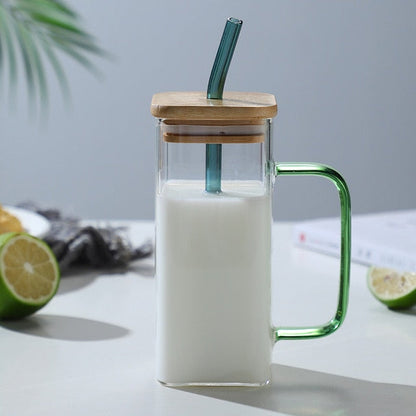 Square High Borosilicate Transparent Glass Mug With Lid and Straw - 400ml - mugs from Dear Cece - Just £9.99! Shop now at Dear Cece