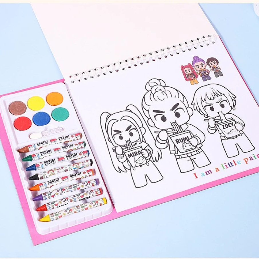 Coloring book with cartoon characters and a set of crayons on a light blue background