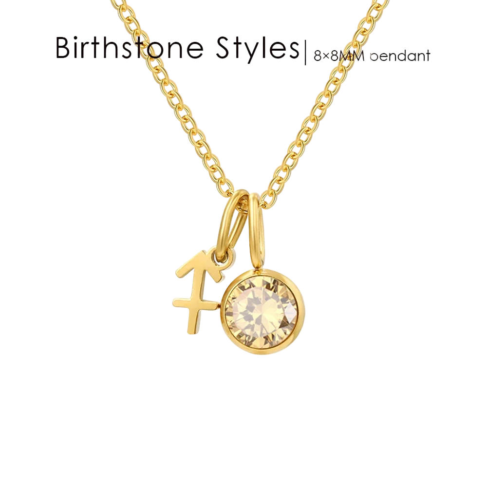 Gold pendant necklace with a gemstone and zodiac symbol on a white background, branded 'Birthstone Styles'.