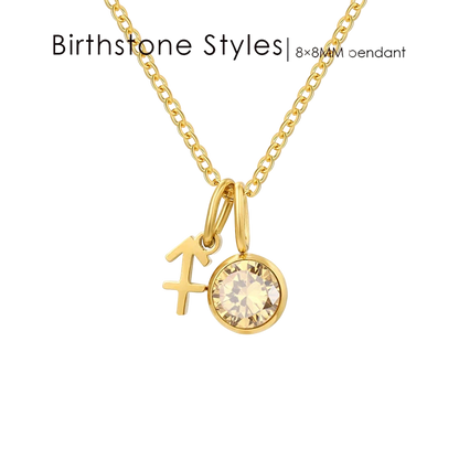 Gold pendant necklace with a gemstone and zodiac symbol on a white background, branded 'Birthstone Styles'.
