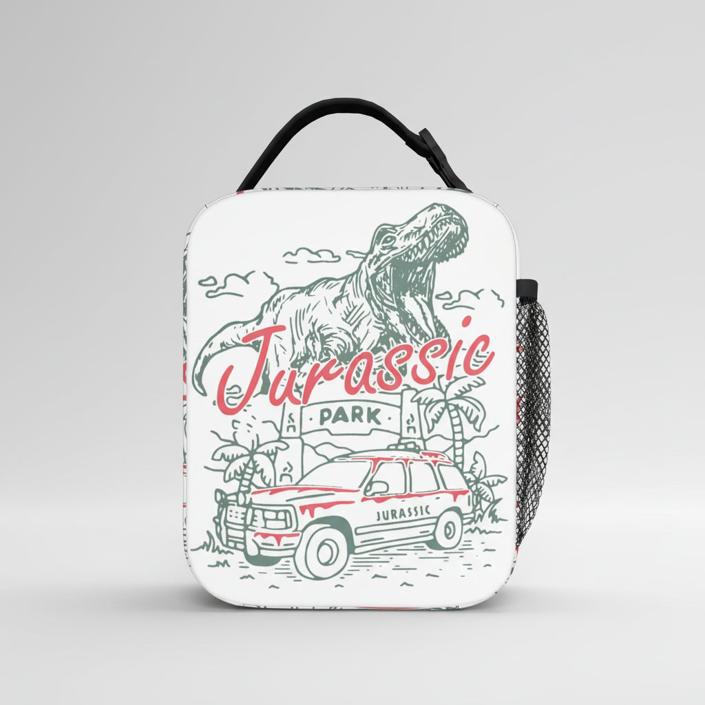 Lunch bag with 'Jurassic Park' design featuring a T-Rex and jeep on a white background