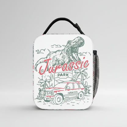 Lunch bag with 'Jurassic Park' design featuring a T-Rex and jeep on a white background