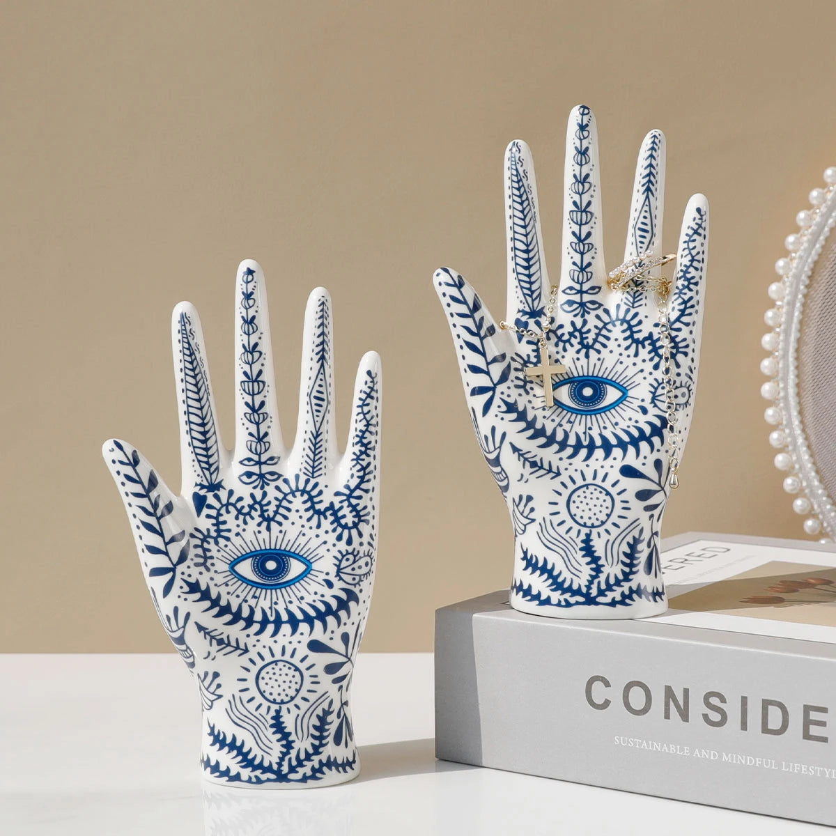 Hamsa Evil Eye Ceramic Hand Ring Holder