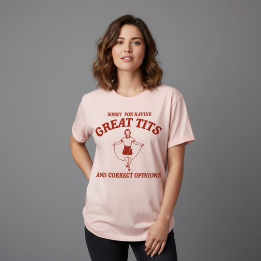 Woman wearing pink tshirt, grey studio background, square dimensions