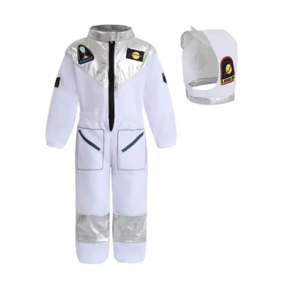 White astronaut suit with reflective stripes and helmet on a white background