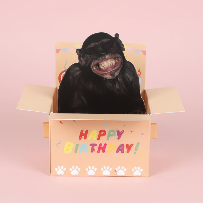 Monkey inside a 'Happy Birthday!' box with colorful text and paw prints on a white background