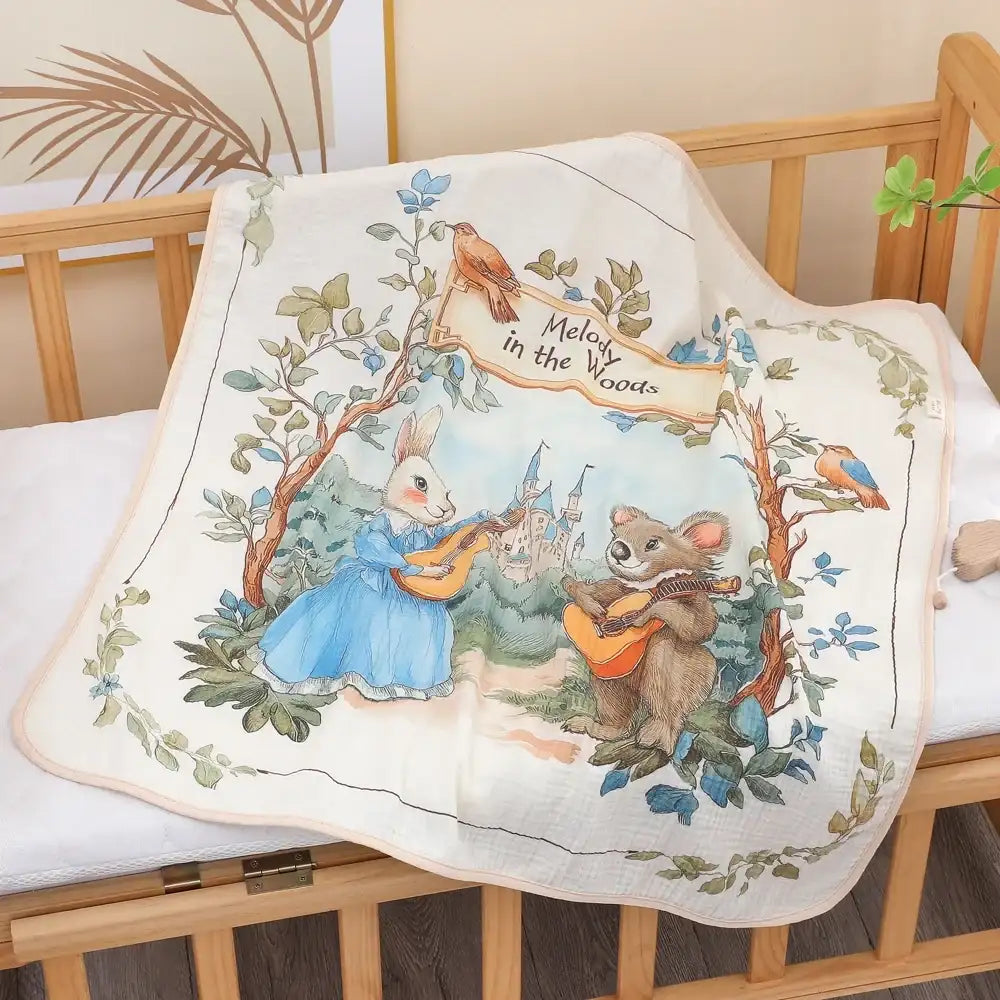Baby cotton towel with cartoon characters playing instruments in a forest scene on a crib.
