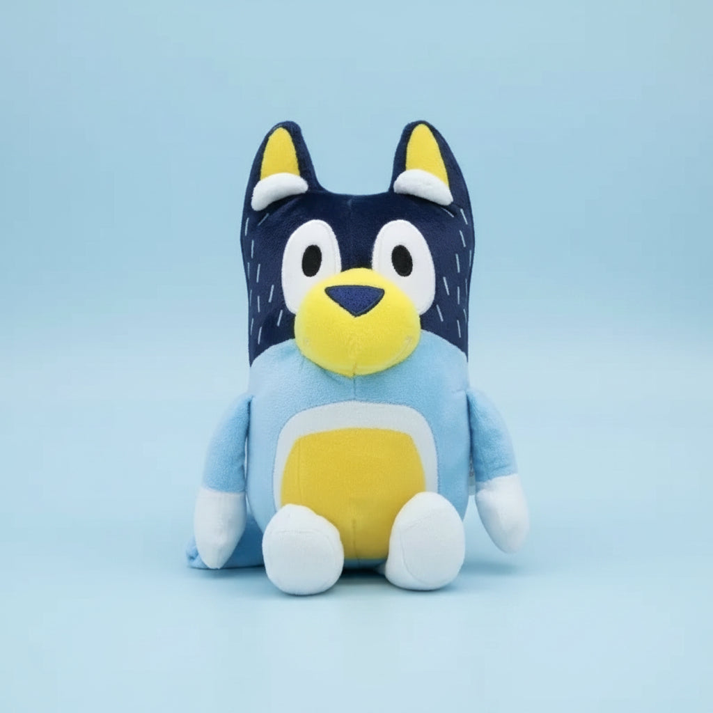 Plush toy with blue and yellow design on a white background