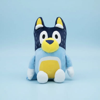 Plush toy with blue and yellow design on a white background