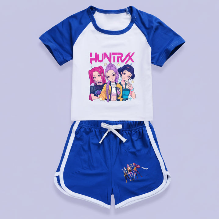 Children's outfit with 'HUNTRAX' t-shirt and shorts on a white background