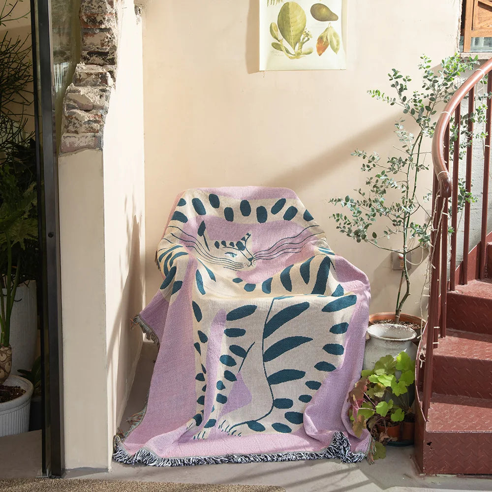 Tapestry Cat Pattern Pink Throw Blanket on chair