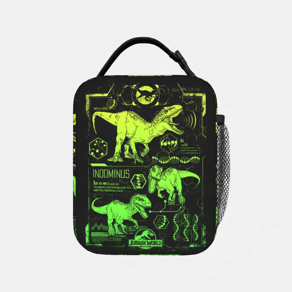 Black pouch with green dinosaur illustrations on a white background